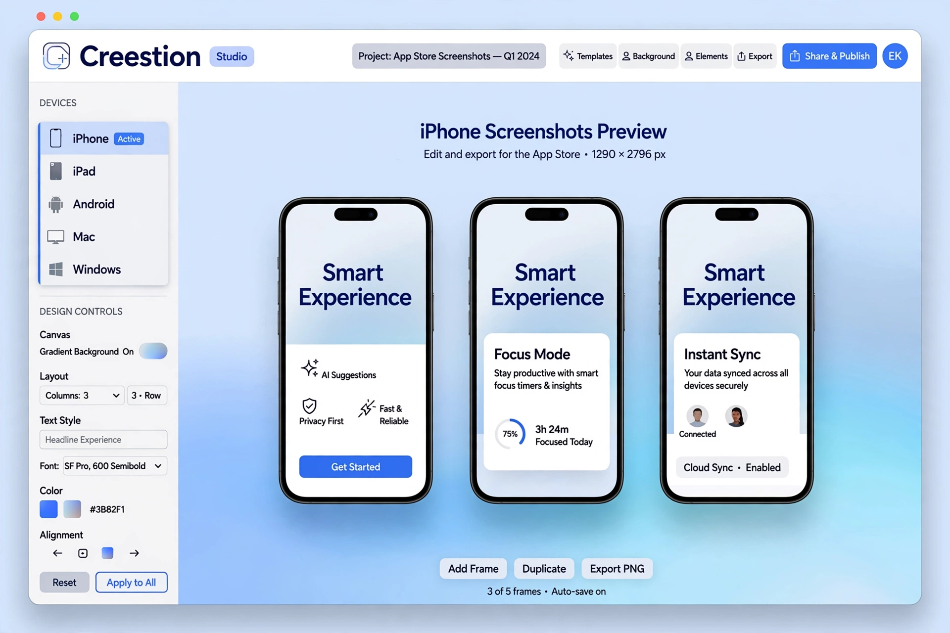 Creestion studio editing iPhone App Store screenshots